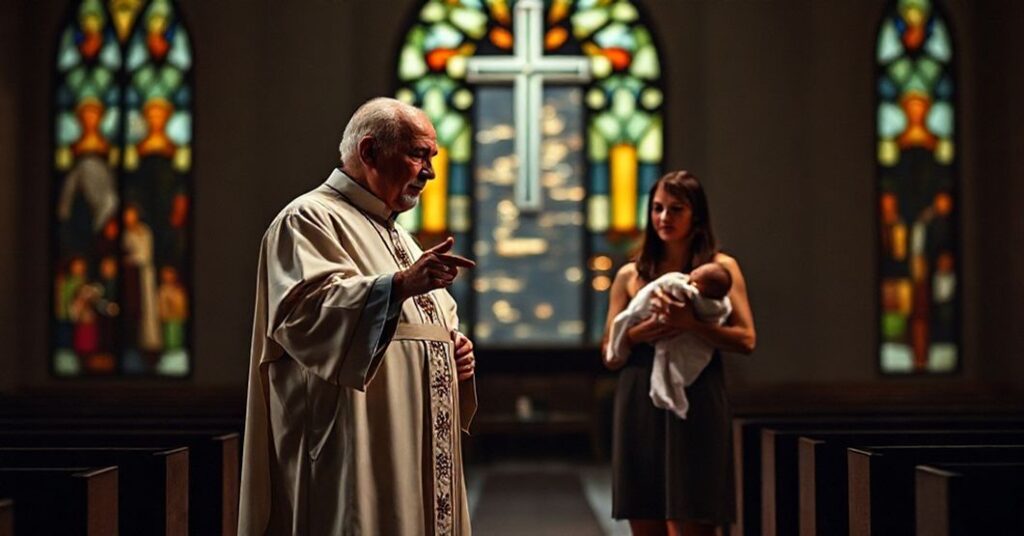 Stary mężczyzna w papieskich szatach w nowoczesnej kaplicy bez tradycyjnych symboli katolickich, gestykulujący ku parze z dzieckiem. Scena symbolizuje herezję redukującą życie do biologii bez grzechu pierworodnego.