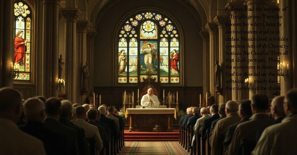 Wnętrze kościoła katolickiego podczas Mszy św. w Boże Narodzenie z antypapieżem Leonem XIV na ambonie.