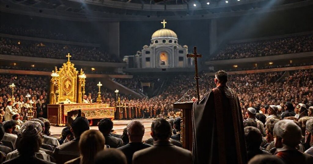 Scena podczas fałszywej liturgii na stadionie Volkswagen Arena w Stambule z anty-papieżem Leonem XIV na katechezie. Tło: Hagia Sophia i symbolika ekumeniczna.