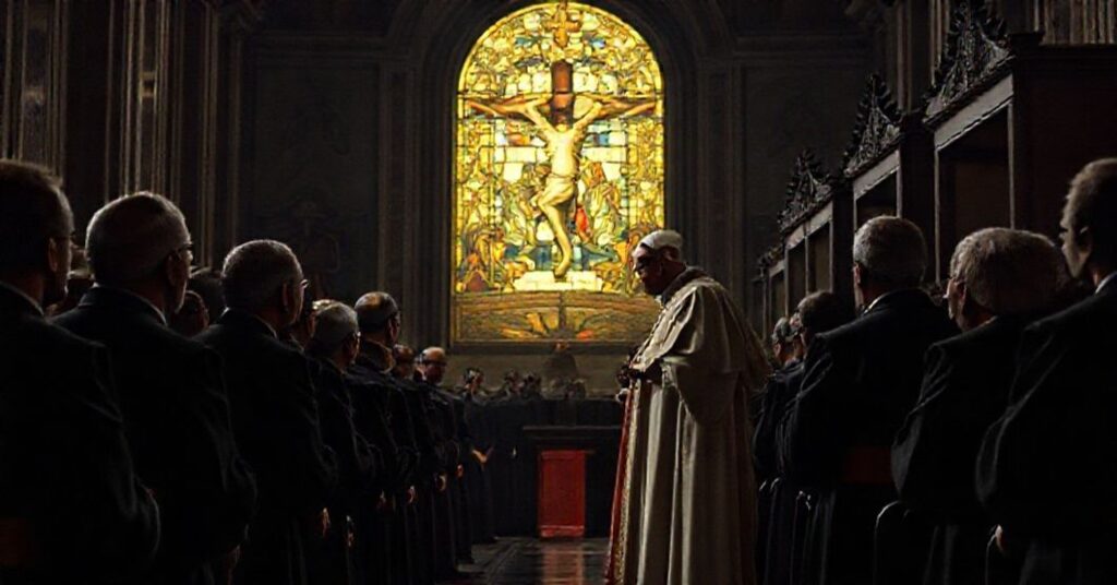 Antypapież Leon XIV i Kard. Tarcisio Isao Kikuchi podczas audiencji z pracownikami Caritas Internationalis w Watykanie; uroczyście ubrani w ciemne szaty na tle witraży przedstawiających Ukrzyżowanie