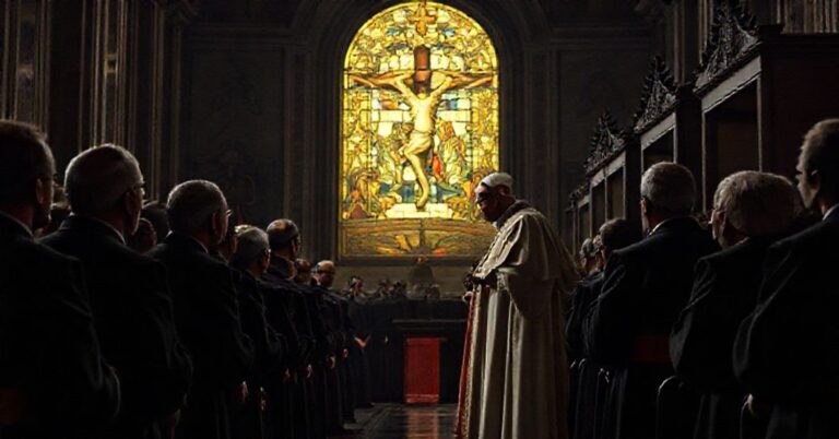 Antypapież Leon XIV i Kard. Tarcisio Isao Kikuchi podczas audiencji z pracownikami Caritas Internationalis w Watykanie; uroczyście ubrani w ciemne szaty na tle witraży przedstawiających Ukrzyżowanie