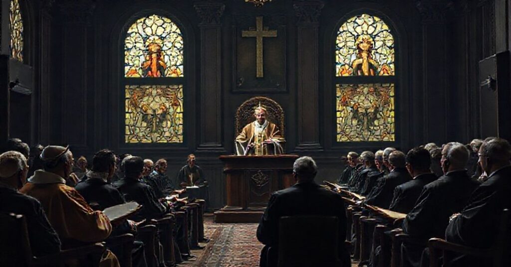 Zdrowe rzemieślnicze wnętrze sali sądowej Watykańskiej Roty podczas postępowania anulującego małżeństwo w 2025 roku. Na podium stoi 'antypapież' Leon XIV w tradycyjnym stroju kościelnym i przemawia do zgromadzonych duchownych i prawników. W tle widoczne są stare tomy prawa kanonicznego i kościelna symbolika podkreślająca herezję relatywizacji małżeństwa.