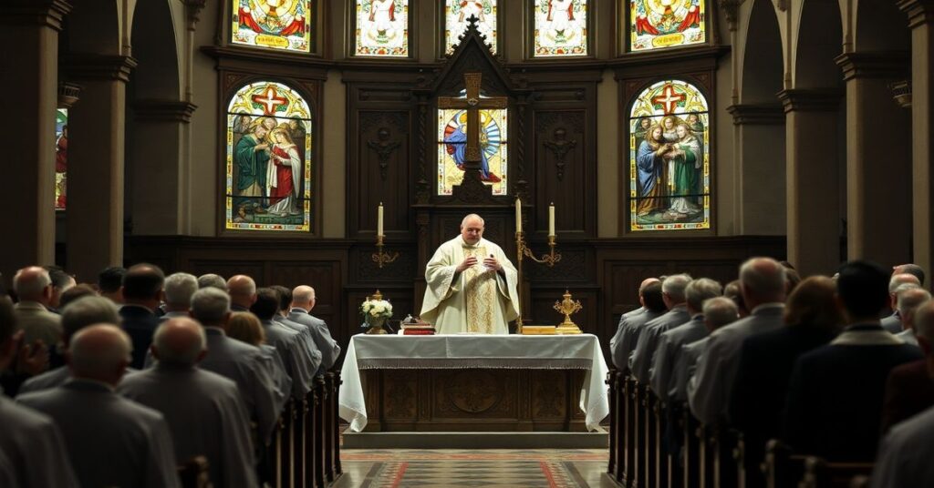 Uroczysty katolicki obrzęd w tradycyjnym kościele z udziałem antypapieża Leona XIV i 'abpa.' Rino Fisichelli