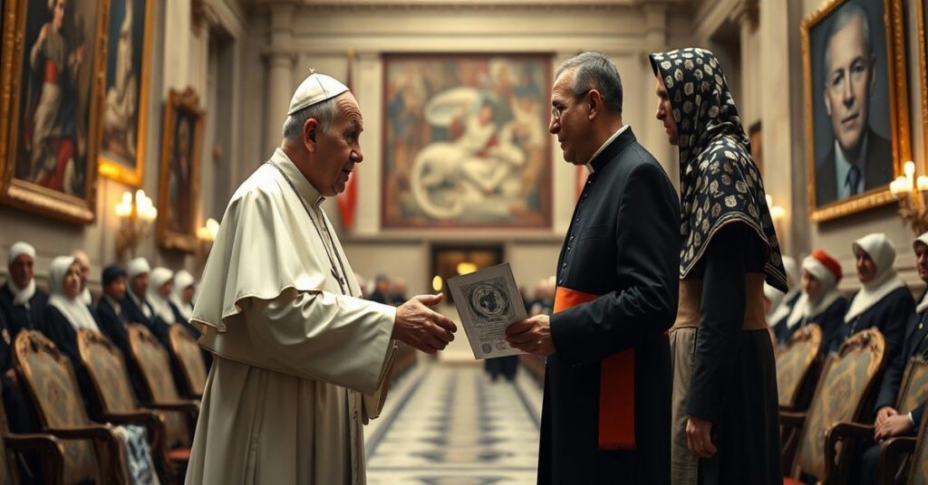 Antypapież Leon XIV spotyka się z Wysokim Komisarzem ONZ Barhamem Salihem w Watykanie. Scena symbolizuje zdradę katolickiej doktryny dla celów politycznych.