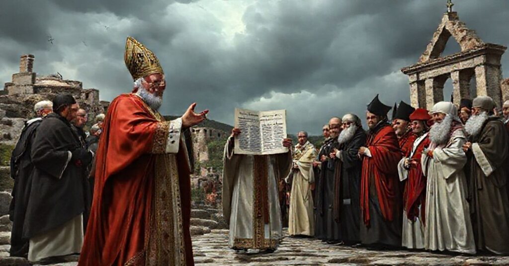 Czarna i biała fotografia przedstawiająca antypapieża Leona XIV podczas ekumenicznego zgromadzenia w Iznik w Turcji, trzymającego zdeformowaną wersję Nicejskiego Credo przed heretyckimi przywódcami religijnymi.