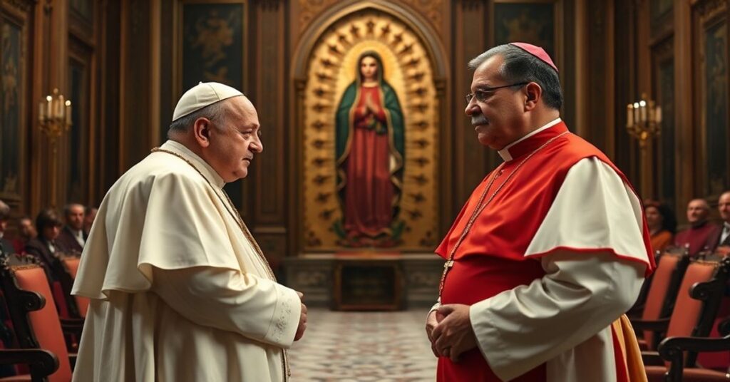 Scena spotkania antypapieża 'Leona XIV' z 'kardynałem' Carlosem Aguiar Retesem w Watykanie.