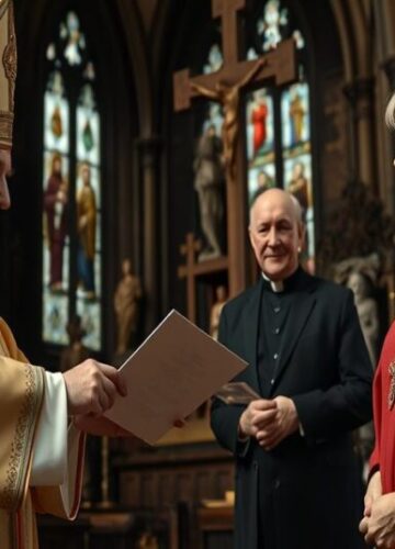 Ekumenizm Leona XIV - Apostazja w Katedrze Canterbury Scena w Katedrze Canterbury: Antypapież Leon XIV przekazuje list arcybiskupce anglikańskiej Sarah Mullally w obecności kardynała Kurta Kocha