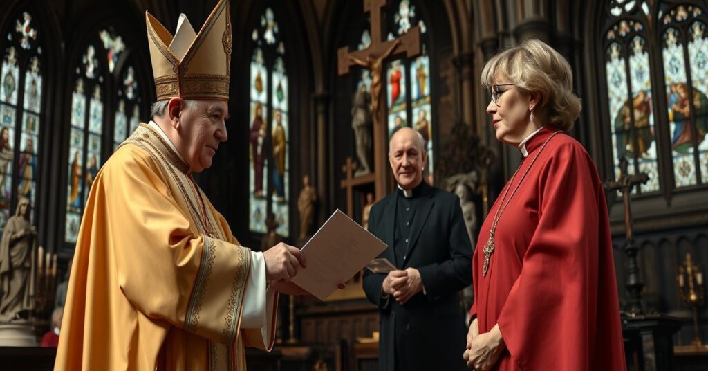 Scena w Katedrze Canterbury: Antypapież Leon XIV przekazuje list arcybiskupce anglikańskiej Sarah Mullally w obecności kardynała Kurta Kocha