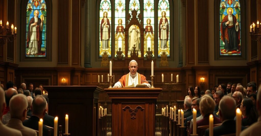 Wnętrze kościoła katolickiego z 'Papieżem Leonem XIV' głoszącym kazań z ambony. Scena przedstawia wiernych w modlitwie w atmosferze powagi i apostazji.