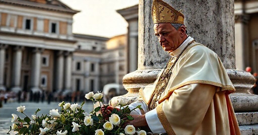 Antypapież Leon XIV składa biały kwiaty przed kolumną Niepokalanej na Placu Hiszpańskim w Rzymie, symbolizując modernistyczną profanację katolickiego kultu maryjnego.