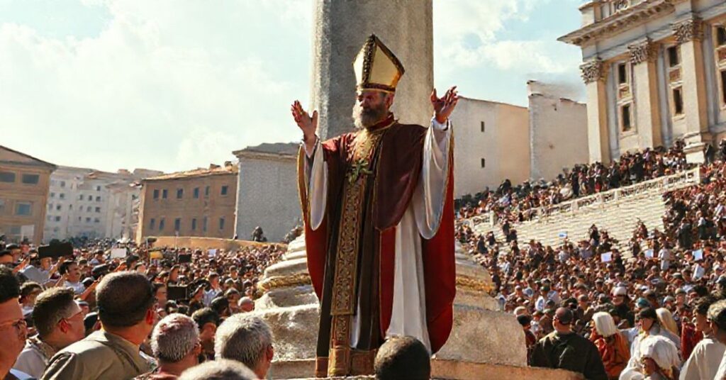 Antypapież Leon XIV przy kolumnie Niepokalanej na Placu Hiszpańskim w Rzymie podczas kontrowersyjnej uroczystości.