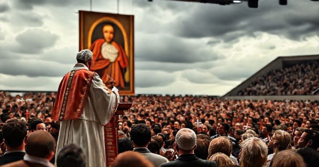 Konserwatywna konferencja młodzieżowa w Indianapolis (2025). Antypapież Leon XIV przemawia do tłumu z modernistycznymi tezami.