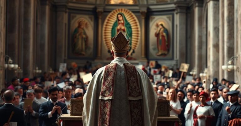 Antypapież Leon XIV na Krajowym Kongresie Misyjnym w Meksyku w 2025 roku promujący synkretyzm religijny przy użyciu cultu Matki Bożej z Guadalupe i błogosławionego Juana de Palafox y Mendozy.