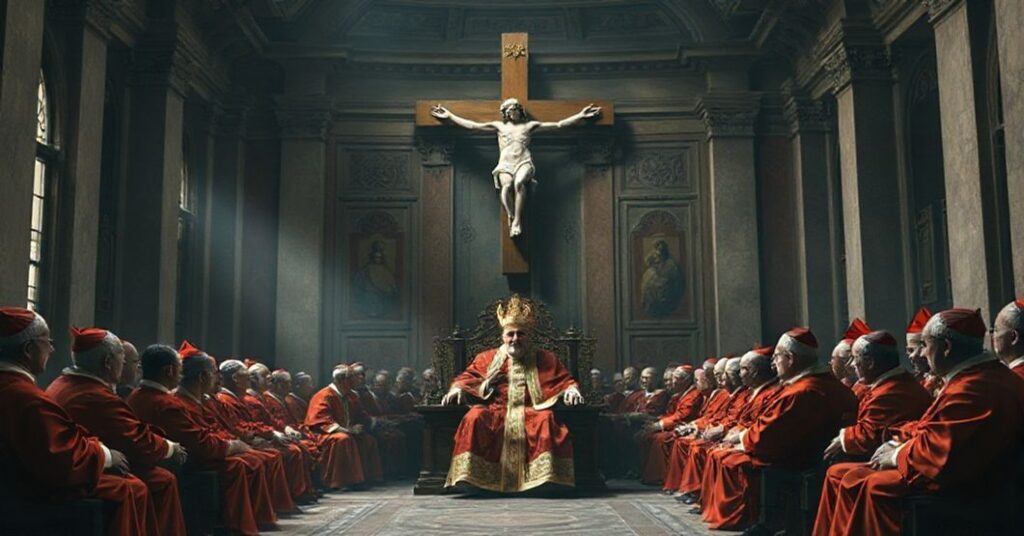 Scena przedstawiająca antypapieża Leona XIV przewodniczącego kontrowersyjnemu konsystorzowi 'kardynałów' w Watykanie.