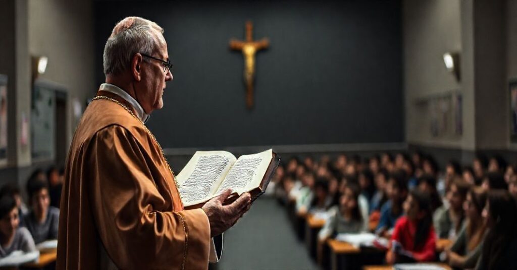 Ksiądz w tradycyjnym ornacie przemawia do studentów przed pustym salą lekcyjną, podkreślając konflikt między katolicką nauką a nowoczesnym naturalistycznym edukacją.
