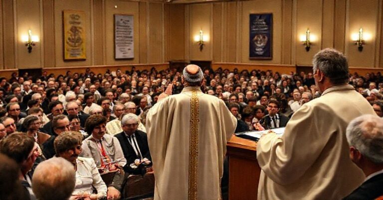 Uzurpator Bergoglio jako "Leon XIV" wygłaszający przemówienie na VII Krajowej Konferencji Uzależnień w Włoszech, promując naturalistyczne rozwiązania bez odniesienia do łaski Bożej.