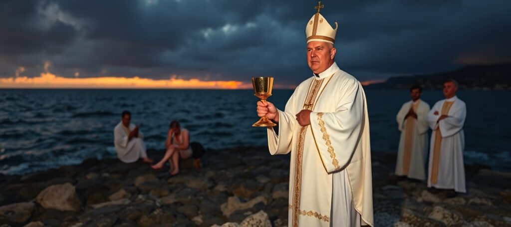 Antypapież Leon XIV fałszywie odprawiający niegodziwą Mszę Novus Ordo na Lampedusie w obecności layków
