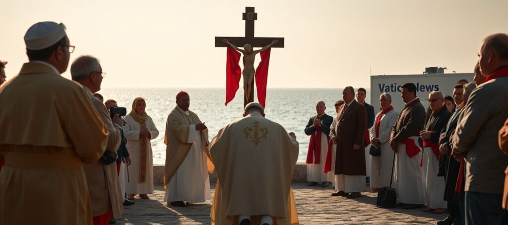 Antypapież Leon XIV sprawujący fałszywą Eucharystię na Lampedusie w otoczeniu migrantów i urzędników państwowych