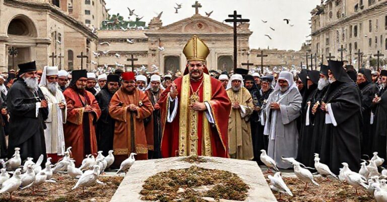 Antypapież Leon XIV (Robert Prevost) w Libanie przy grobie schizmatyka Szarbela Machlufa