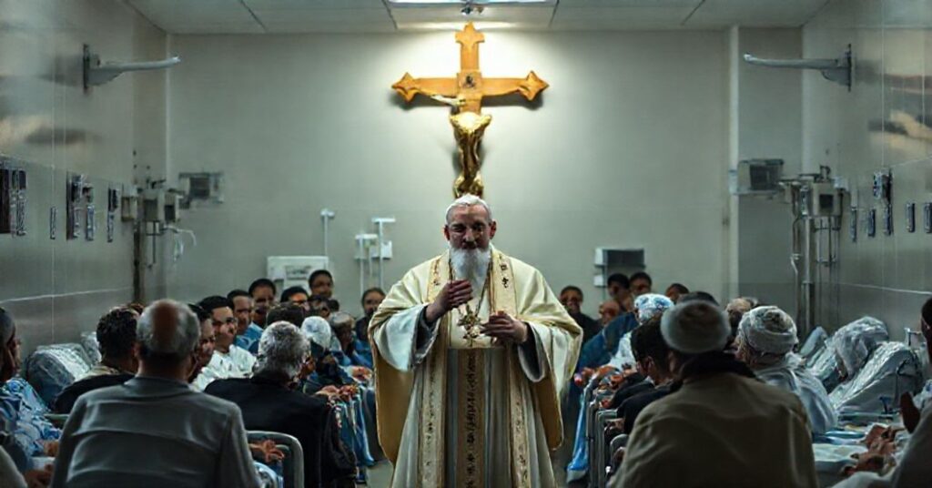 Szkic przedstawiający fałszywego papieża Leona XIV w szpitalu w Libanie, gdzie promuje ludzkie wartości zamiast katolickiej doktryny.