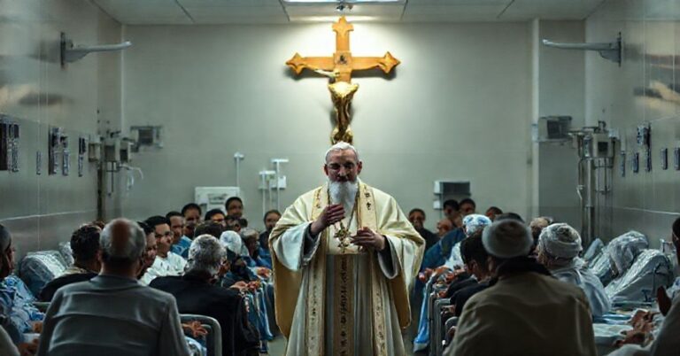 Szkic przedstawiający fałszywego papieża Leona XIV w szpitalu w Libanie, gdzie promuje ludzkie wartości zamiast katolickiej doktryny.