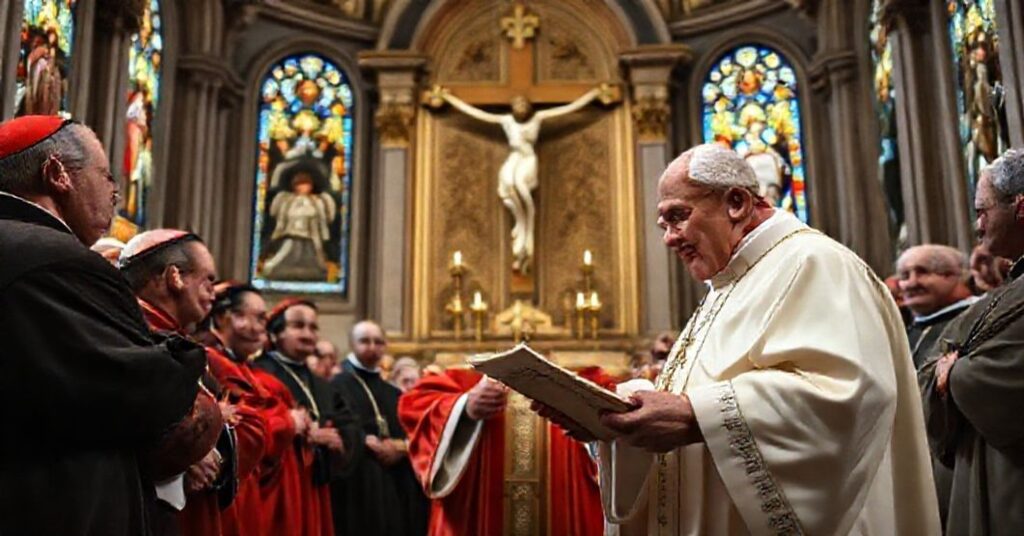 Antypapież Leon XIV (Roberto Prevost) czytający list apostolski In unitate fidei w katedrze