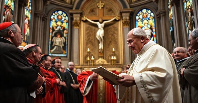 Antypapież Leon XIV (Roberto Prevost) czytający list apostolski In unitate fidei w katedrze