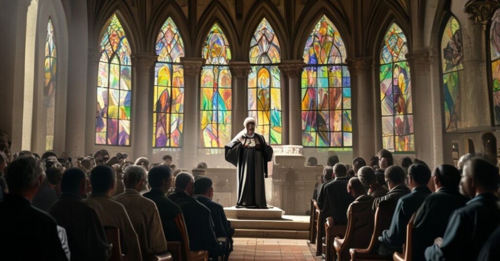 Zgromadzenie dziennikarzy katolickich w Lourdes w 2026 roku słuchających przemówienia kardynała Pietra Parolina w imieniu antypapieża Leona XIV.