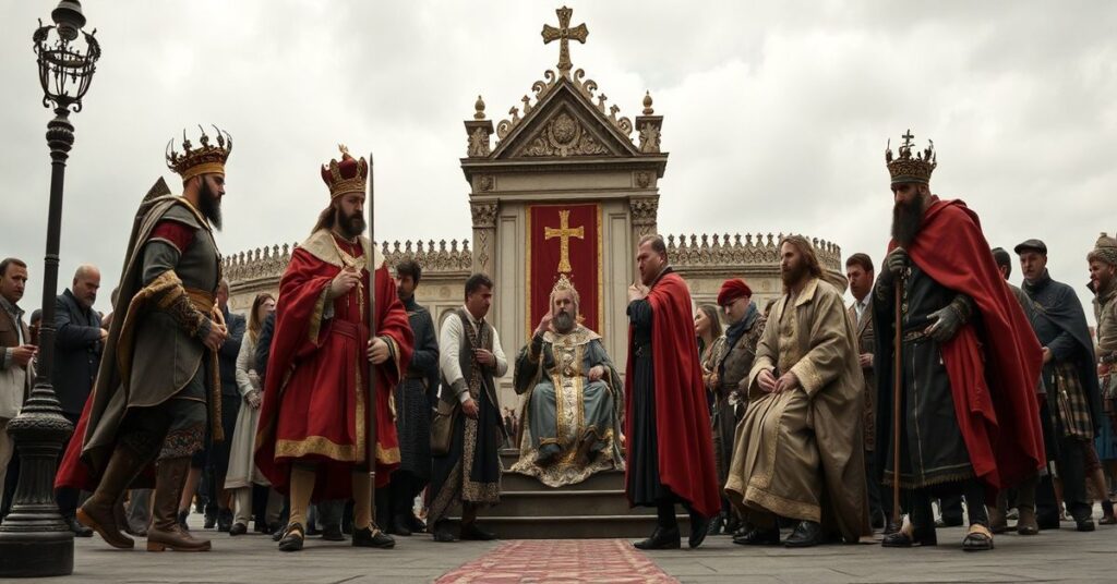 Antypapież Leon XIV prezentuje modernistyczną interpretację Słowa Bożego przed tłumem w gotyckim kościele.