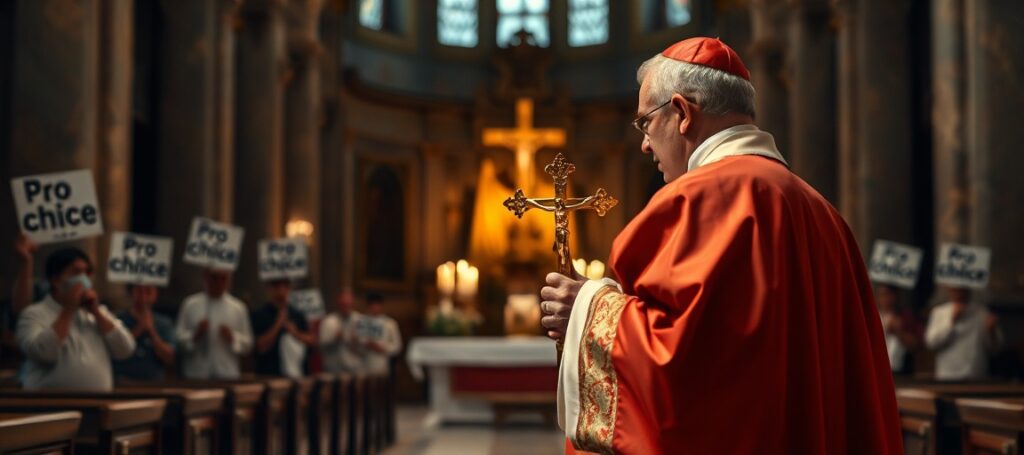 Biskup katolicki w tradycyjnych szatach liturgicznych modlący się w ciemnej świątyni z krucyfiksem w dłoniach, otoczony symbolami herezji humanitarnej - tłem aktywiści 'pro-choice' i minimalistyczny wystrój kościoła.