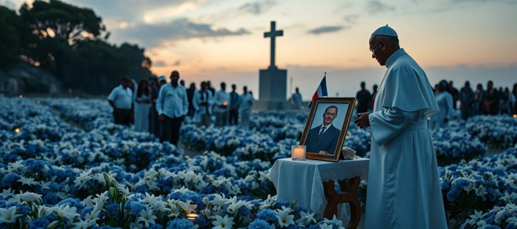 Roberto Prevost nazywający się Antypapieżem Leonem XIV składa kwiaty na cmentarzu ofiar utonięć na Lampedusie podczas prowokacyjnej wizyty humanitarystycznej w lipcu 2026