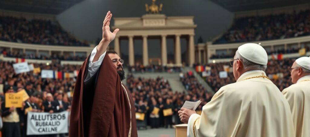 Antypapież Leon XIV fałszywie sprawujący 'Mszę' Nowego Obrządku na stadionie w Lampedusie – symbol apostazji i humanitaryzmu bez Chrystusa Króla