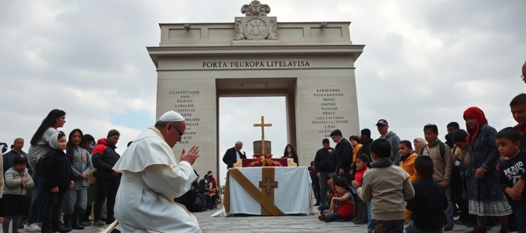 Antypapież Leon XIV modlący się przed Pomnikiem Porta d’Europa na Lampedusie podczas inscenizowanej humanitarnej uroczystości z dziećmi-uchodźcami