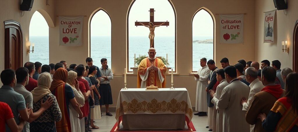 Antypapież Leon XIV na Lampedusie celebrujący fałszywą Mszę Novus Ordo zamiast prawdziwej Mszy Trydenckiej – symbol zdrady misji Kościoła wobec kryzysu migracyjnego