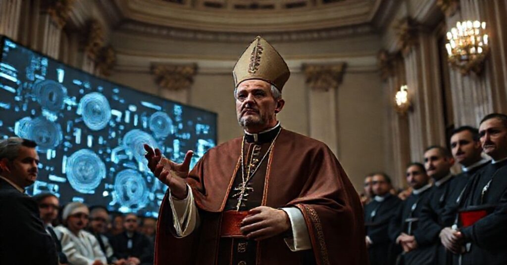 Portret antypapieża Leona XIV mówiącego o sztucznej inteligencji w Watykanie, z nauczycielami i duchownymi w tle