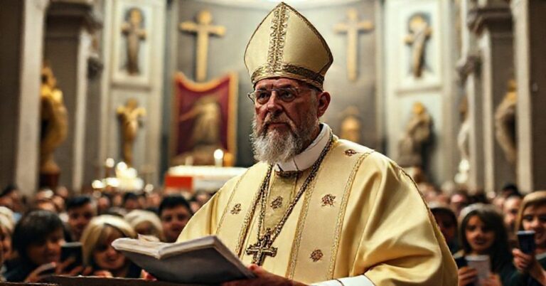 Portret Antypapieża Leona XIV podczas heretyckiego wydarzenia liturgicznego na Placu św. Piotra w Rzymie w 2025 roku.