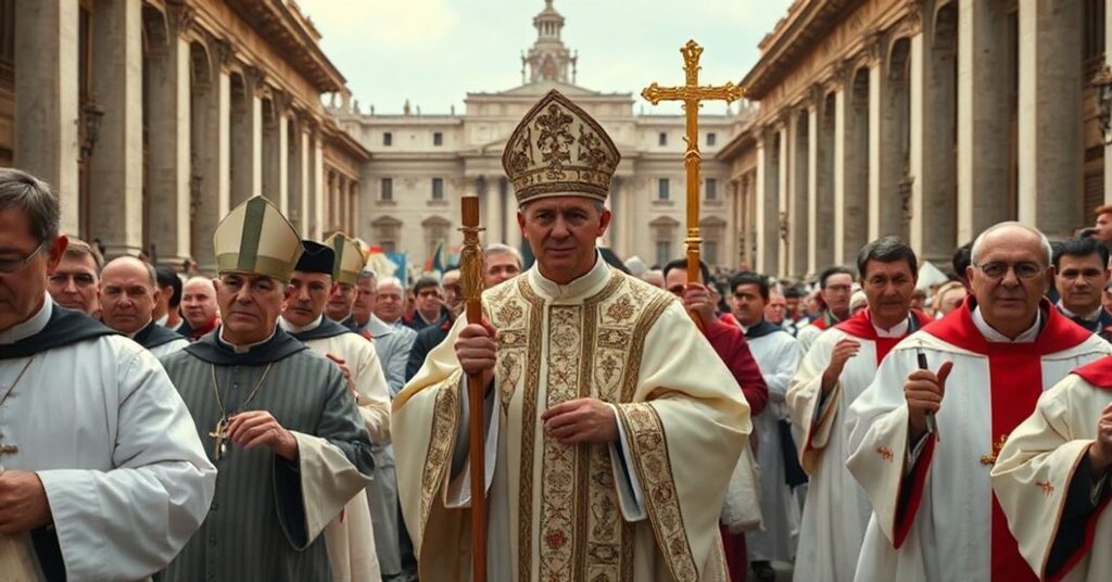 Procesja katolicka z Robertem Prevostem jako Antypapieżem Leonem XIV w Rzymie, symbolizująca apostazję i fałszywą sukcesję w Kościele posoborowym.