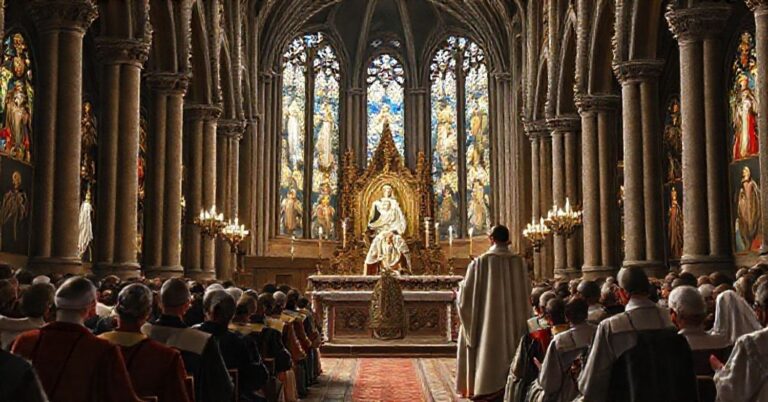 Scena przedstawiająca 'antypapieża' Leona XIV podczas modlitwy Angelus w Uroczystość Niepokalanego Poczęcia Najświętszej Maryi Panny w katedrze gotyckiej, otoczonej wiernymi i duchownymi w tradycyjnych szatach liturgicznych.