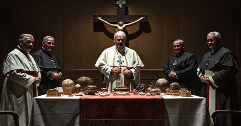 Zdjęcie przedstawiające anty-papieża Leona XIV podczas ceremonii przekazania artefaktów z muzeów watykańskich biskupom kanadyjskim.