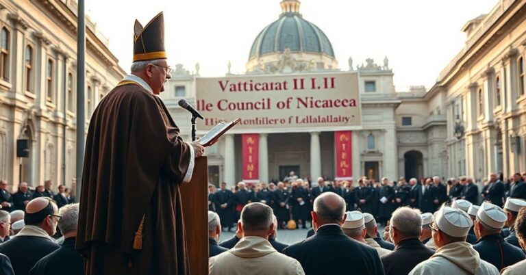 Antypapież Leon XIV przemawia do zmodernizowanych duchownych na Placu Świętego Piotra, podkreślając rozwój nowoczesnych herezji i odchylenia od katolickiej nauki