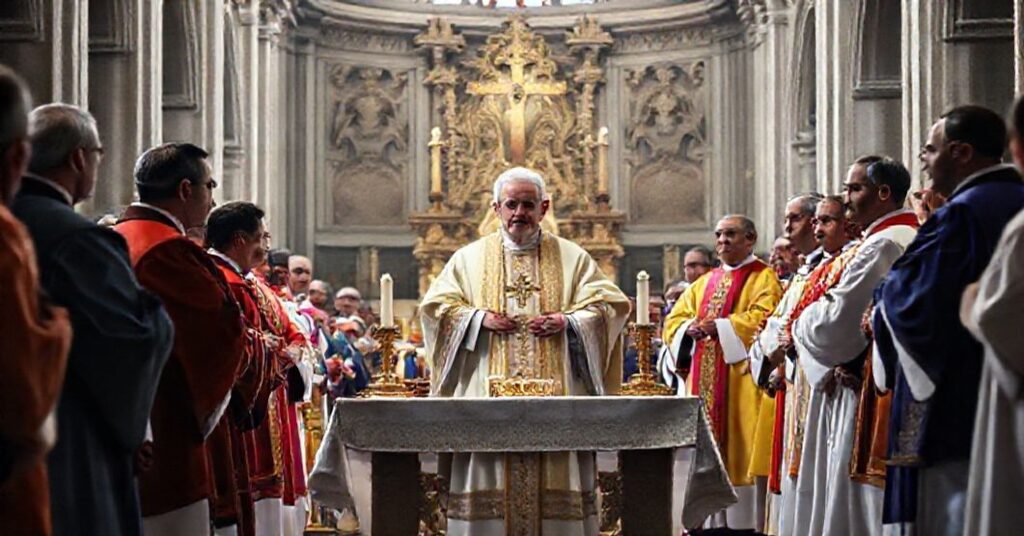 Tradycyjna msza katolicka w Bazylice Św. Piotra z antyprzypuszczającym Leonem XIV i modernistycznymi biskupami w tle.