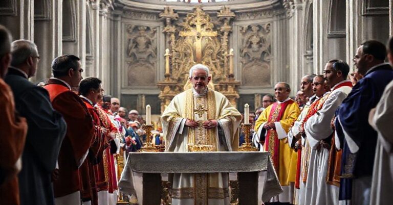 Tradycyjna msza katolicka w Bazylice Św. Piotra z antyprzypuszczającym Leonem XIV i modernistycznymi biskupami w tle.