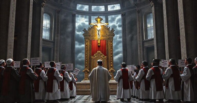 Pusty tron papieski w Bazylice św. Piotra z modernistycznymi duchownymi odraczającymi się od krzyża