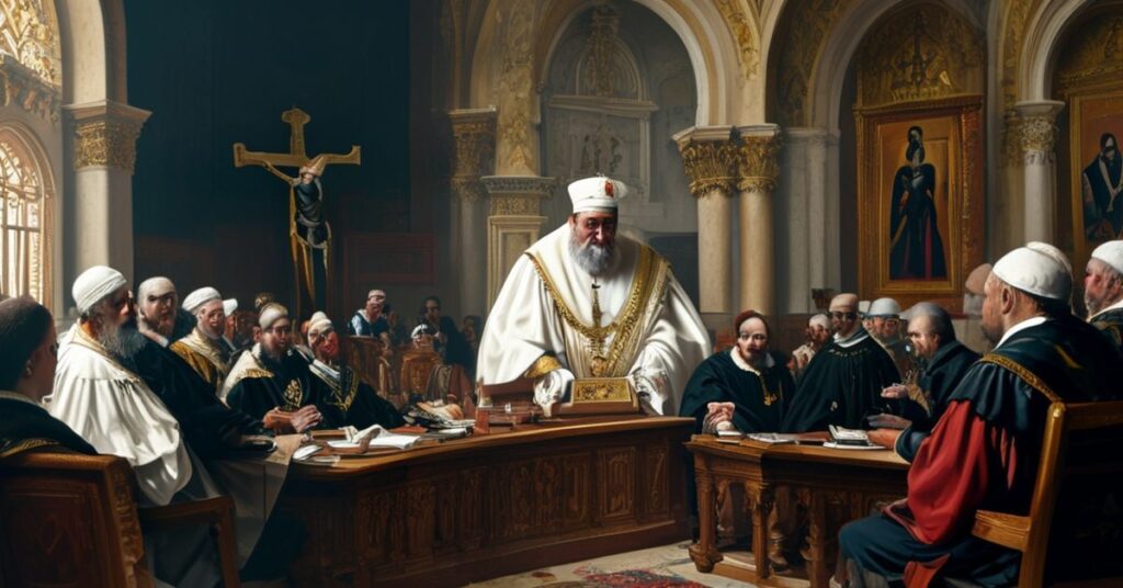 Scena w trybunale Rzymskim z Antypapieżem "Leonem XIV" w stroju papieskim, dyskutującym nad anulatami małżeństw.