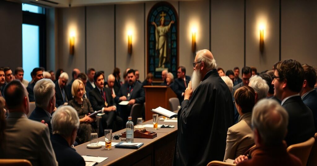 Antypapież Leon XIV przemawia do Ruchu Focolari, promując herezję ekumenizmu w nowoczesnej sali konferencyjnej z katolickimi symbolami w tle.