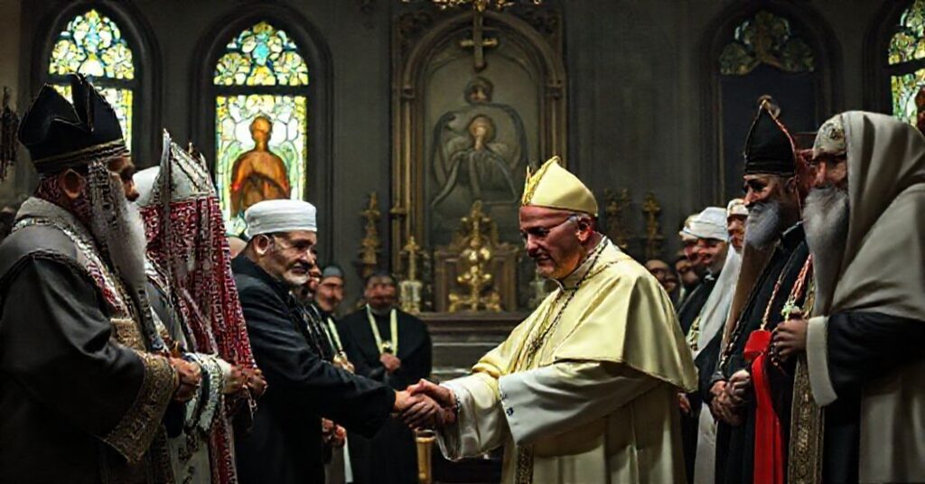 Antypapież Leon XIV (Robert Prevost) w libańskiej nuncjaturze spotyka się z przywódcami islamskimi i druzyjskimi, symbolizując zdradę katolickiej wiary.