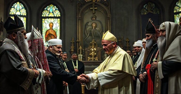 Antypapież Leon XIV (Robert Prevost) w libańskiej nuncjaturze spotyka się z przywódcami islamskimi i druzyjskimi, symbolizując zdradę katolickiej wiary.