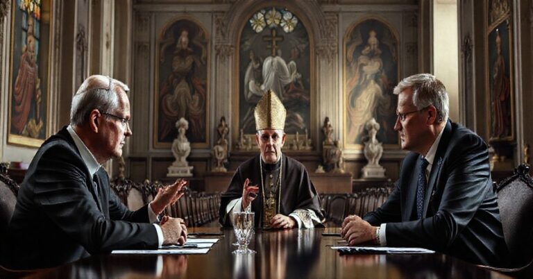 Zdjęcie przedstawiające spotkanie Antypapieża Leona XIV z premierem Węgier Viktorem Orbánem i komisarzem UE Magnusem Brunnerem w Watykanie.