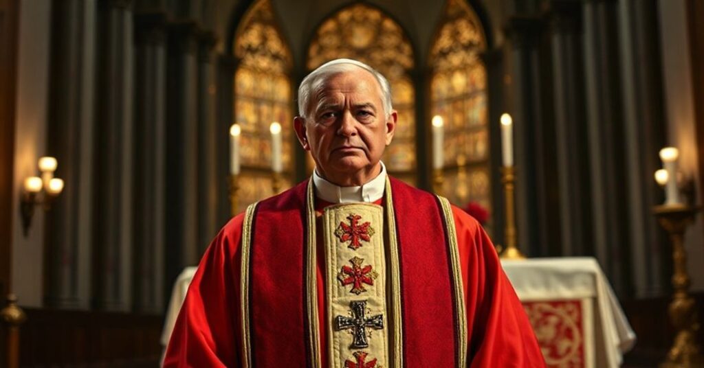 Katolicki księż w tradycyjnych szatach stoi z troskliwłym wyrazem twarzy przed nowoczesnym ołtarzem z symbolecznym ekumenizmem, nawiązującym do herezji synkretyzmu propagowanej przez Antypapieź Leona XIV pod pozorem modlitwy o pokój.