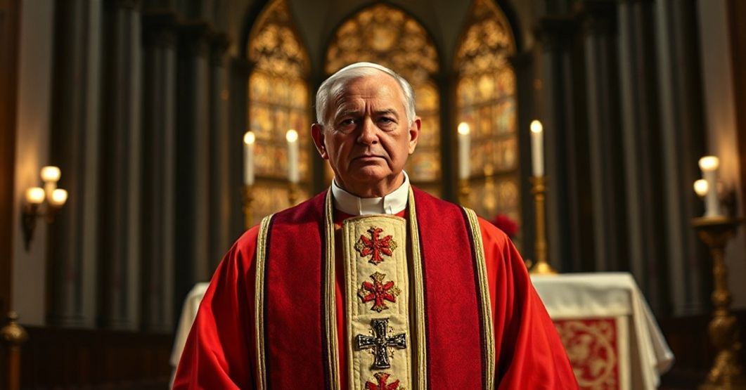 Katolicki księż w tradycyjnych szatach stoi z troskliwłym wyrazem twarzy przed nowoczesnym ołtarzem z symbolecznym ekumenizmem, nawiązującym do herezji synkretyzmu propagowanej przez Antypapieź Leona XIV pod pozorem modlitwy o pokój.